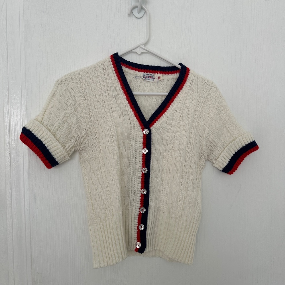 Vintage Cream Cardigan with Red and Blue Trim